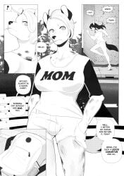 anthro bag bench bottomwear breasts bulge canid cigarette cigarette_in_mouth clenched_teeth clothing comic corablue dialogue digital_media_(artwork) duo english_text female footwear fur futanari greeting hair hand_in_pocket hi_res intersex looking_at_viewer mammal monochrome object_in_mouth outside pants pockets profanity road running shirt shoes short_hair shorts tail teeth text topwear