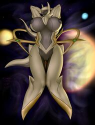 2016 absurd_res anthro anthrofied arceus areola armpits big_breasts black_areola breasts chest_tuft female hands_behind_head hi_res huge_breasts legendary_pokemon lying nintendo nipples nude on_back pokémon_(species) pokemon pokemorph pussy seductive shiny_pokemon smile solo space sun testowepiwko tuft veldazik video_games