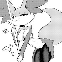 1:1 akatosh_el_shota_furro anthro breasts canid canine choker dancing delphox female fox fox_ears fox_tail fur generation_6_pokemon half-closed_eyes heart_symbol hi_res jewelry mammal monochrome narrowed_eyes necklace nintendo onomatopoeia pokemon pokemon_(species) pole pole_dancing solo sound_effects text