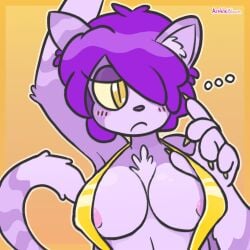anthro arnkleblarn big_breasts bikini blush breast_focus breasts claws clothed clothing clothing_lift felid female fur hair hair_over_eye hi_res mammal nipple_slip nipples one-piece_swimsuit purple_body purple_fur purple_hair raised_tail sling_bikini solo solo_focus swimwear tail tuft two-piece_swimsuit unimpressed yellow_eyes
