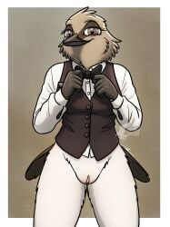 absurd_res adjusting_tie anthro avian bird bottomless bottomless_female bow_tie casual_exposure clothed clothing collared_shirt confident confident_female dress_shirt female fish_birb genitals hi_res millie_(fish_birb) name_tag oscine passerine pussy shirt solo starling_(bird) topwear vest vulva waiter waiter_suit