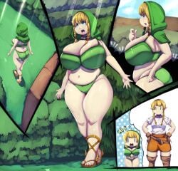 big_ass big_breasts blonde_hair blue_eyes bra chibi chubby chubby_female forest hood hood_up hyrule_warriors hyrule_warriors_legends linkle overflowing_breasts panels panties sideboob the_legend_of_zelda thick_thighs trinity-fate62