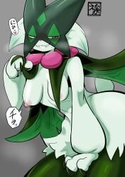 anthro areola blush breasts felid feline female fur generation_9_pokemon green_body green_fur hi_res looking_at_viewer mammal meowscarada nintendo nipples nude pokemon pokemon_(species) san_ruishin smile solo