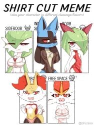 akatosh_el_shota_furro anthro big_breasts braixen breasts canid cinderace english_text fangs female gardevoir generation_3_pokemon generation_4_pokemon generation_6_pokemon generation_8_pokemon group hair hi_res kirlia lagomorph lucario mammal meme nintendo pokemon pokemon_(species) shirt_cut_meme short_hair slim smile teeth text