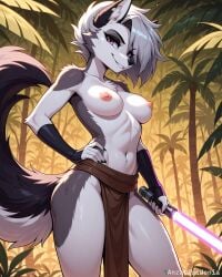1girls ai_generated anthro anzatiridonia breasts female fingerless_gloves furry grey_body grey_fur grey_hair hand_on_hip hellhound helluva_boss jedi jedi_master jedi_padawan jungle jungle_girl lightsaber loincloth looking_at_viewer loona_(helluva_boss) midriff nipples purple_eyes purple_lightsaber short_hair silver_hair small_breasts smile star_wars star_wars_visions tail topless topless_female two_tone_body two_tone_fur two_tone_tail white_body white_fur wolf wolf_girl