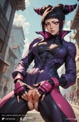 1girls ai_generated artist_name bangs black_hair blunt_bangs bodysuit breasts clitoris day deviantart female fingerless_gloves gloves hair_horns juri_han lapato-ai lips looking_at_viewer outdoors patreon purple_eyes pussy skin_tight solo solo_focus spread_pussy street_fighter torn_clothes uncensored