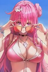 1girls absurdres adjusting_eyewear antenna_hair bikini black_choker blue_sky braid breasts choker cleavage closed_mouth commentary crown_braid day doro_(nikke) dorothy_(nikke) female fingernails flower-shaped_hair goddess_of_victory:_nikke hair_between_eyes hair_bun hair_intakes highres jewelry jindogod large_breasts long_hair looking_at_viewer necklace orange-tinted_eyewear pink_bikini pink_hair purple_eyes single_hair_bun single_side_bun sky smile swimsuit tinted_eyewear upper_body