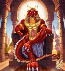 abs anthro asian_mythology balls blonde_hair body_hair chair claws clothed clothing digital_drawing_(artwork) digital_media_(artwork) digitigrade dragon east_asian_mythology eastern_dragon egyptian egyptian_clothing egyptian_mythology erection fingers fluffy fluffy_ears fluffy_hair fluffy_tail fur furniture genitals hair hi_res horn humanoid_genitalia humanoid_penis looking_at_viewer male mammal middle_eastern_mythology moonymoth multicolored_body multicolored_fur multicolored_hair muscular muscular_anthro muscular_male mythological_creature mythological_scalie mythology nipples nude outside penis purple_eyes red_body red_fur red_hair scalie sitting smile solo tail tail_tuft throne tuft vitamin_c_(forwardpickup) whiskers yellow_body yellow_fur