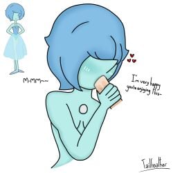 1girls alien alien_girl blowjob blue_body blue_hair blue_pearl_(steven_universe) blue_skin blush boobs_hidden breasts cartoon_network disembodied_penis fellatio gem_(species) hair_over_eyes holding_penis love naked naked_female oral oral_penetration oral_sex penis petite petite_body small_breasts solo steven_universe tailfeather_(artist) text wholesome