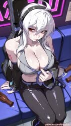ahoge ai_generated anime arm_resting_on_leg bar_background beer_bottle belt blush bottle cigarette cleavage couch empty_bottle fanloid female headphones headset holding indoors jacket kinkyfuel knees_together large_breasts lips long_hair nails neon_lights nipples_visible_through_clothes open_clothes pants parted partially_removed_jacket red_eyes sitting solo style sweat swept_bangs thigh_gap vocaloid waistband white_hair yowane_haku
