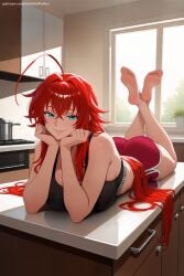 1girl ahoge ai_generated artist_name ass bangs barefoot blue_eyes breasts cleavage feet hair_between_eyes hi_res high_quality high_resolution high_school_dxd huge_ahoge indoors large_breasts long_hair looking_at_viewer patreon patreon_username red_hair rias_gremory seductive sexy smile solo uncensored watermark window