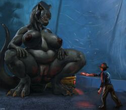 3_toes absurd_res alan_grant anthro anthrofied belly big_breasts bottomwear breasts clothed clothing colored crouching dinosaur duo feet female flare_(object) flare_scene_(meme) footwear genitals glowing glowing_eyes hand_on_knee hand_on_leg hat headgear headwear hi_res huge_breasts human imminent_sex innie_vulva jurassic_park larger_anthro larger_female licking licking_lips male mammal nude open_mouth outside overweight overweight_anthro overweight_female pants plump_labia prehistoric_species pupils raining reptile rexy_(jurassic_park) sagging_breasts scalie self_lick sharp_teeth shirt shoes size_difference slit_pupils smaller_human smaller_male standing teeth theropod toes tongue tongue_out topwear tyrannosaurid tyrannosauroid tyrannosaurus tyrannosaurus_rex universal_studios upai vulva wet wet_body yellow_sclera