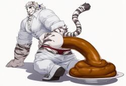 1boy ai_generated animal_ears anus arknights ass ass_focus bara big_poop formal_clothes from_behind full_body furry furry_male happy large_hands large_pectorals long_shit male_focus mountain_(arknights) mountain_(book_reader)_(arknights) muscular muscular_male naughty_smile official_alternate_costume pants pants_pull pectoral_cleavage pectorals pooping_on_plate scar scar_across_eye scar_on_arm scar_on_face scat shirt shit shitpile shitting short_hair sleeves_rolled_up smile solid_shit solo suit tail tail_raised thick_eyebrows thick_shit thick_thighs tiger_boy tiger_ears tiger_stripes tiger_tail turd turd_hanging_out underwear_pull white_fur white_hair white_pants white_shirt white_suit