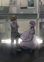 1boy 1girls captainexcelsior chainsaw_man denji_(chainsaw_man) grabbing_pants huge_breasts makima_(chainsaw_man) red_hair squatting string_bikini taagme tagme