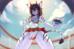 absurd_res anthro ball balls beach bikini bikini_thong bikini_top black_hair blue_body blue_fur blush bodily_fluids bottomwear clothing dripping ear_piercing fangs felid femboy final_fantasy final_fantasy_xiv foreskin fur genitals hair heart_symbol heterochromia hi_res horn hrothgar humanoid_genitalia humanoid_penis male mammal markings open_mouth penis piercing saliva saliva_drip shudayuda skirt solo square_enix swimwear tail teeth text two-piece_swimsuit white_body white_fur