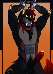 1boy 2016 abs anthro armpits black_fur black_hair black_nose black_sclera black_tail border chained chains dravisk erection fangs feralise fur genital_piercing gradient_background grey_fur hair male male_only multicolored_fur multicolored_hair muscular muscular_male navel orange_background orange_eyes penis penis_piercing piercing prince_albert_piercing red_fur red_hair red_tail signature simple_background solo two_tone_hair two_tone_tail