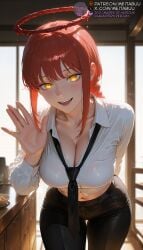 1girls ai_generated arm_behind_back black_necktie black_pants blurry_background blush bra_visible_through_clothes braid braided_ponytail breasts chainsaw_man cleavage collarbone collared_shirt cowboy_shot dress_shirt halo hand_up indoors large_breasts leaning_forward long_hair long_sleeves looking_at_viewer loose_necktiemakima_(chainsaw_man) makima_(chainsaw_man) meitabuu midriff navel necktie open_mouth pants partially_unbuttoned red_hair red_halo ringed_eyes shirt sidelocks smile solo teeth thigh_gap waving white_shirt yellow_eyes