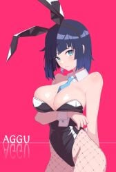 1girls absurdres aqua_necktie arm_behind_back bare_arms bare_shoulders between_breasts black_leotard blue_hair bob_cut breast_hold breasts closed_mouth commentary_request constricted_pupils cowboy_shot detached_collar diagonal_bangs dori_(choejeongmin7) dot_nose female fishnet_pantyhose fishnets frown genshin_impact green_eyes highleg highleg_leotard highres large_breasts leotard looking_at_viewer necktie necktie_between_breasts pantyhose parted_lips playboy_bunny red_background shadow shiny_clothes shiny_skin short_hair simple_background solo strapless strapless_leotard sweat teeth yelan_(genshin_impact)