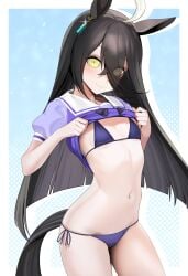 bikini black_hair female female_only flat_chest hair_between_eyes hair_over_one_eye horse_ears horse_girl horse_tail kemonomimi long_hair manhattan_cafe_(umamusume) pale-skinned_female pale_skin petite purple_bikini school_uniform shirt_lift single_earring smile solo ugohato umamusume umamusume_pretty_derby yellow_eyes