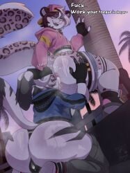anal anthro ass backwards_baseball_cap backwards_hat baseball_cap big_butt bodily_fluids chase_(shootysylveon) clothing crouching cutout dialogue draeusz duo ear_grab felid femboy fingerless_gloves footwear gloves handwear hat headgear headwear hi_res hoodie huge_butt hybrid lagomorph leopard leporid looking_back male male/male mammal musk onomatopoeia open_mouth oral outside pantherine rabbit rimming sex shoes sneakers sound_effects sweat sweaty_butt tail text tiger tongue tongue_out topwear