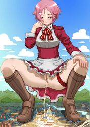 1girls aincrad blush crouching destruction elf giantess knee_boots lisbeth no_panties peeing pink_hair pussy shinozaki_rika short_hair single_girl skirt sword_art_online upskirt