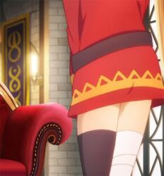 1girls animated animated ass bandaged_leg bandages bare_shoulders belt black_thighhighs brown_belt brown_hair cropped dress female from_behind hat kono_subarashii_sekai_ni_shukufuku_wo! leaning leaning_forward looping_animation megumin red_dress short_dress short_hair solo thighhighs thighs unworn_hat unworn_headwear