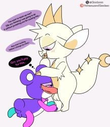 2024 2_horns absurd_res annoyed anthro anus artist_name ass balls bear bearzel_(chikn_nuggit) bedroom_eyes bezel_(chikn_nuggit) blush blush_lines bow_tie chikn_nuggit claws cloudeon digital_media_(artwork) dragon duo english_text fur fwench_fwy_(chikn_nuggit) genitals green_body green_fur hair half-closed_eyes hand_on_face hand_on_head hand_on_own_face hi_res horn looking_at_another lying male male/male mammal multicolored_body multicolored_fur mythological_creature mythological_scalie mythology narrowed_eyes on_front penis penis_on_face pink_body pink_bow_tie pink_eyes pink_fur purple_body purple_ears purple_eyes purple_fur purple_tail question_mark scalie seductive short_tail side_view small_balls smile smug speech_bubble standing tail tan_body tan_claws tan_fur tan_horn text thought_bubble white_body white_ears white_fur white_hair white_nose white_tail