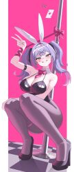 1girls absurdres ace_(playing_card) ace_of_hearts animal_ears arm_belt armpits bare_shoulders belt black_belt black_leotard black_ribbon black_shoes blue_eyes blue_hair blush bound bound_wrists bow bowtie breasts card checkered_floor cleavage colored_inner_hair commentary crossed_bangs detached_collar dori_(choejeongmin7) fake_animal_ears female floating_card grey_pantyhose grin hair_intakes hair_ornament hair_ribbon hairband hatsune_miku heart high_heels highleg highleg_leotard highres large_breasts leotard long_hair looking_at_viewer multicolored_hair outside_border pantyhose pillarboxed pink_background pink_bow pink_bowtie pink_hair pink_pupils pink_ribbon playboy_bunny playing_card pole pumps rabbit_ears rabbit_hole_(vocaloid) ribbon shiny_clothes shoes sidelocks smile solo squatting stripper_pole teardrop_facial_mark thigh_strap twintails two-tone_hair v vocaloid white_hairband x_hair_ornament