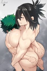1boy artist_name ass black_eyes black_hair boku_no_hero_academia breasts completely_nude devilukez female grabbing_another's_ass green_hair grin groping highres izuku_midoriya large_breasts male mature_female midoriya_izuku muscular muscular_female my_hero_academia nude shimura_nana smile standing sweat