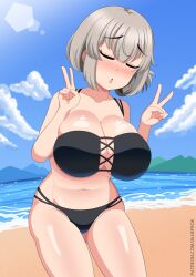 1girls beach big_breasts bikini bikini_bottom bikini_top black_bikini bluefrok blush bottomwear breasts cleavage closed_eyes double_peace_sign female female_only grey_hair hair huge_breasts mature mature_female mature_woman milf mother peace_sign sign solo solo_female swimwear thighs topwear uzaki-chan_wa_asobitai! uzaki_tsuki