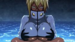 1boy 1girls absurdres animated arms_up arrancar big_breasts black_gloves bleach bleach:_the_thousand-year_blood_war blonde_hair breast_focus breast_tattoo breasts cropped_jacket cum cum_on_breasts dark-skinned_female dark-skinned_male dark_skin duo erection female gloves green_eyes hair_tubes high_collar highres huge_breasts jacket kuroyara long_hair long_sleeves male mask navel nipples number_tattoo paizuri penis puffy_nipples ruined_orgasm sound sweat tagme tattoo theblackmissus tia_harribel tier_harribel titjob video voice_acted water wet wet_body wet_skin white_jacket