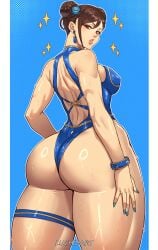 1girls ass_focus back_view blue_nails brown_eyes brown_hair busty capcom chun-li earrings hair_buns hips_wider_than_shoulders light-skinned_female light_skin luchidart mature_female milf one-piece_swimsuit painted_nails round_ass street_fighter swimsuit thick_thighs thigh_strap wide_hips
