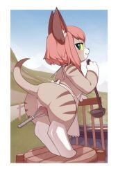 absurdres animal_ear_fluff animal_focus anus apron ass border closed_mouth female from_behind furry furry_female green_eyes highres kekitopu ladle looking_at_viewer looking_back monster_hunter_(series) monster_hunter_stories_2 object_insertion pink_hair pussy short_hair solo tsukino_(monster_hunter) uncensored vaginal_object_insertion vaginal_penetration whisk white_border