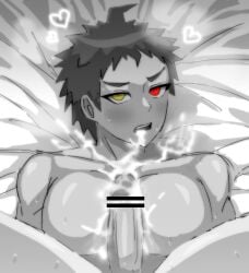 bed big_penis blush censor_bar censored cum cum_in_mouth danganronpa danganronpa_2:_goodbye_despair danganronpa_3 gay heart_symbol heterochromia hinata_hajime male male/male male_focus male_only muscles sweat titjob yaoi zhukik