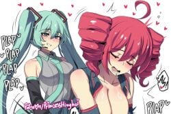 2girls ahoge aqua_eyes aqua_hair aqua_necktie bare_shoulders black_shirt blush breasts closed_eyes collarbone collared_shirt cropped detached_sleeves double-parted_bangs drill_hair drooling female grin hair_between_eyes hatsune_miku heart highres hinghoi implied_futa kasane_teto kasane_teto_(utau) large_breasts looking_at_viewer medium_breasts moaning mounting multiple_girls necktie open_clothes open_mouth open_shirt paid_reward_available plap red_hair saliva shirt sleeveless sleeveless_shirt smile speech_bubble twin_drills utau white_background wing_collar yuri