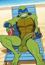 abs ai_generated anthro balls bara big_balls big_penis blush gay glistening leonardo leonardo_(tmnt) male male_only muscular muscular_male nickelodeon pecs penis rise_of_the_teenage_mutant_ninja_turtles scalie sideburns sweat teenage_mutant_ninja_turtles tmnt turtle yaoi