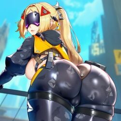 1girls ass ass_focus blindfold blonde_hair blurry blurry_background bodysuit breasts cameltoe depth_of_field huge_ass large_breasts long_hair plump skindentation solo thick_thighs thighs trigger_(zenless_zone_zero) zenless_zone_zero