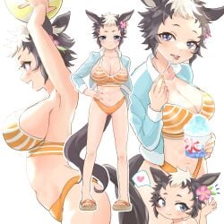 beach_ball big_breasts bikini blush brown_hair cleavage flower_in_hair full_body horse_ears horse_girl horse_tail kemonomimi mejiro_ryan_(umamusume) purple_eyes short_hair sideboob standing striped_bikini swimsuit tomboy two_tone_hair umamusume umamusume_pretty_derby very_short_hair