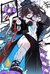 1girls big_breasts black_hair blue_eyes cat_ears feline footwear huge_thighs kasli_the_bane long_hair navel smile the_battle_cats thighs white_skin