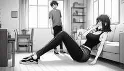 ai_generated big_penis black_and_white blush choker clothed clothing female futa_is_bigger futadom futanari giantess huge_cock intersex larger_female larger_futa laying_down light-skinned_futa light-skinned_male light_skin male monochrome penis size_difference smaller_male spalela surprised surprised_expression tank_top vans