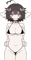 almost_naked areola_slip breasts brown_hair clothed dog_ears eye_bags female femcel hairbow juno_coton junoluvbone_(artist) large_breasts looking_at_viewer micro_bikini nipples_visible_through_clothing pale_skin pink_collar pink_eyes pussy pussy_lips short_hair simple_background solo_female teasing tired_eyes virtual_youtuber vtuber white_background white_fur wide_hips