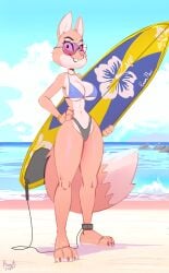 3_toes 4_fingers absurd_res anthro barefoot beach bikini bikini_bottom bikini_top bracelet breasts canid canine cleavage clothed clothed_anthro clothed_female clothing diane_foxington dreamworks eyewear feet female fingers fox fur hi_res hindpaw hinget humanoid_hands jewelry mammal navel orange_body orange_fur paws pink_nose plantigrade sand sea smile solo standing sunglasses surfboard swimwear tail the_bad_guys toes two-piece_swimsuit water