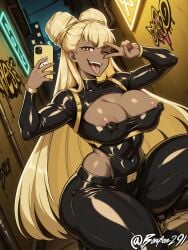 ai_generated alley areolae_slip black_bodysuit black_pants blonde_hair bodysuit bonfen291 breasts brown_eyes brown_skin cleavage covered_nipples dark-skinned_female dark_skin double_bun female graffiti graffiti_on_wall gyaru holding_phone huge_nipples kayo_tomiyama looking_at_viewer medium_breasts neon_lights night okyann one_eye_closed open_mouth persona persona_5 persona_5:_the_phantom_x self_upload solo squatting thick_thighs tongue tongue_out v_over_eye very_long_hair