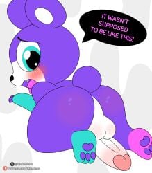 2024 absurd_res all_fours anthro artist_name ass balls bear bearzel_(chikn_nuggit) bezel_(chikn_nuggit) black_nose blush blush_lines chikn_nuggit cloudeon digital_media_(artwork) english_text exclamation_point fangs fur genitals green_body green_eyes green_fur hi_res looking_back male mammal multicolored_body multicolored_fur pawpads penis pink_body pink_fur purple_body purple_ears purple_fur purple_pawpads purple_tail rear_view sharp_teeth short_tail solo tail teeth text thick_thighs three-quarter_view tongue white_body white_fur