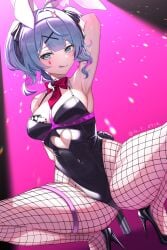 1girls :q absurdres animal_ears arm_behind_back arm_up armpits between_breasts black_leotard black_shoes blue_eyes blue_hair blush bow bowtie breasts card card_between_breasts closed_mouth clothing_cutout commentary_request covered_navel detached_collar dutch_angle fake_animal_ears female fishnet_pantyhose fishnets full_body hair_intakes hairband hatsune_miku heart_cutout high_heels highleg highleg_leotard highres large_breasts leotard light_particles looking_at_viewer pantyhose patent_heels playboy_bunny pole pumps pure_pure_(rabbit_hole) rabbit_ears rabbit_hole_(vocaloid) red_bow red_bowtie shoes short_hair short_twintails smile solo spotlight spread_legs squatting stiletto_heels stomach_cutout stripper_pole teardrop_facial_mark thigh_strap tongue tongue_out twintails twitter_username vocaloid white_hairband yazuki_(n_y_0714)