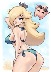 1girls alex_toons beach big_breasts bikini blonde_hair blue_bikini blue_eyes busty crown curvy earrings hair_over_one_eye light-skinned_female light_skin luma mario_(series) nintendo princess_rosalina round_ass swimsuit