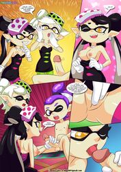 1boy 2girls agent_3_(splatoon) bbmbbf callie_(splatoon) color dialogue fellatio handjob inkling inkling_boy male_agent_3_(splatoon) marie_(splatoon) nintendo nude oral palcomix splatoon squid_sisters staying_fresh threesome