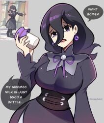 big_breasts clothed dress english_text fully_clothed gown hex_maniac hex_maniac_(z-a) holding holding_object long_hair looking_at_viewer milk mommy pale-skinned_female pale_skin pokemon pokemon_legends:_z-a pokemon_xy purple_eyes purple_hair purple_outfit reference_image text touyarokii
