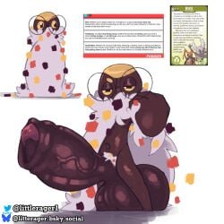 annoyed anthro balls big_balls big_penis cape clothing covering eyewear generation_6_pokemon genitals glasses hi_res huge_balls huge_cock hyper hyper_balls hyper_genitalia hyper_penis littlerager male nintendo penis pokemon pokemon_(species) revealing_penis small_but_hung solo spewpa