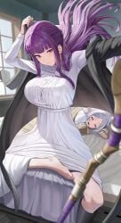 2girls absurdres barefoot black_robe blanket blunt_bangs breasts butterfly_hair_ornament button_gap closed_eyes closed_mouth commentary_request dress elf fern_(sousou_no_frieren) frieren hair_lift hair_ornament highres hooded_robe indoors large_breasts long_hair lying mage_staff multiple_girls on_stomach open_mouth parted_bangs pointy_ears purple_eyes purple_hair purple_pupils robe sidelocks silvertsuki sitting sleeping sleeves_past_wrists sousou_no_frieren staff straight_hair thick_eyebrows white_dress white_hair window wooden_floor